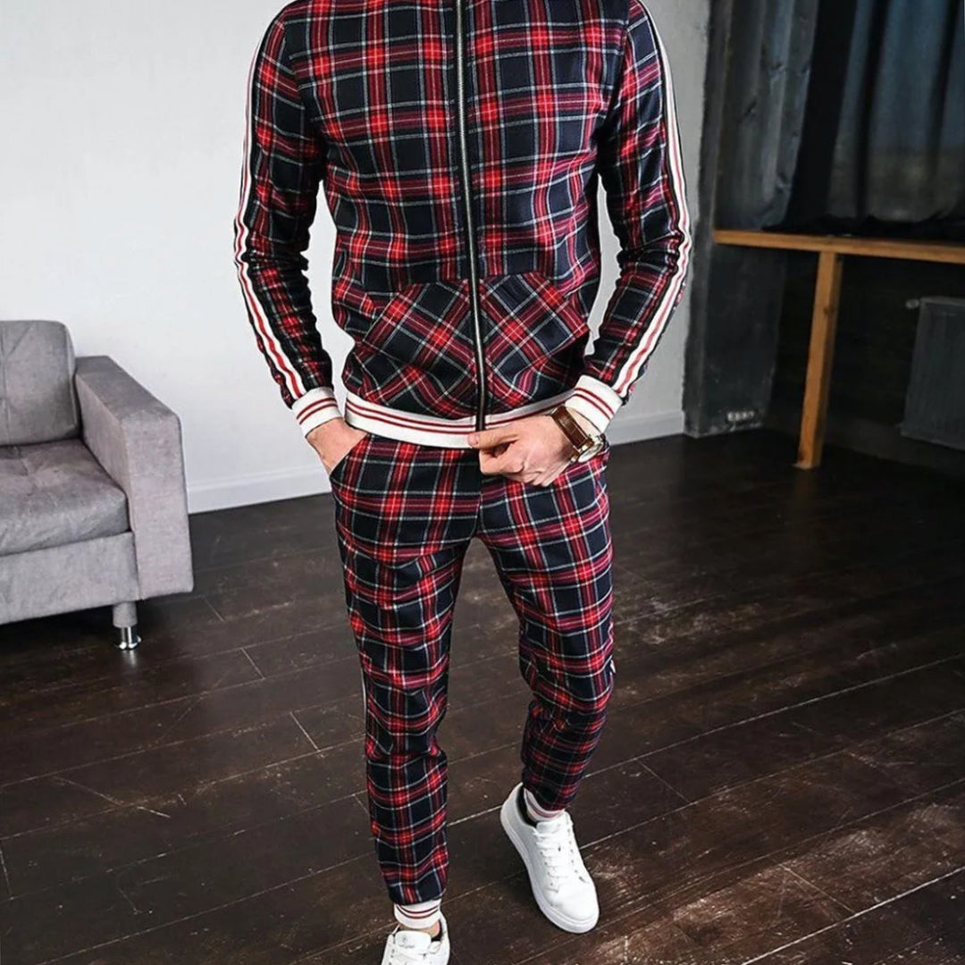 Men's Plaid Two-Piece Zip-Up Jogging Tracksuit Stripe-Accent Set - Red