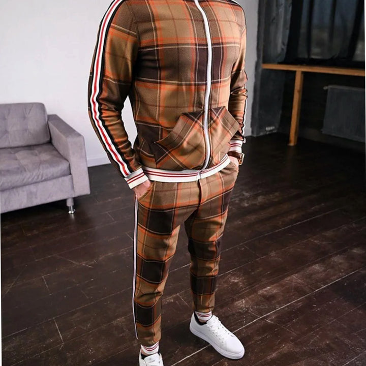 Men's Plaid Two-Piece Zip-Up Jogging Tracksuit Stripe-Accent Set - Orange