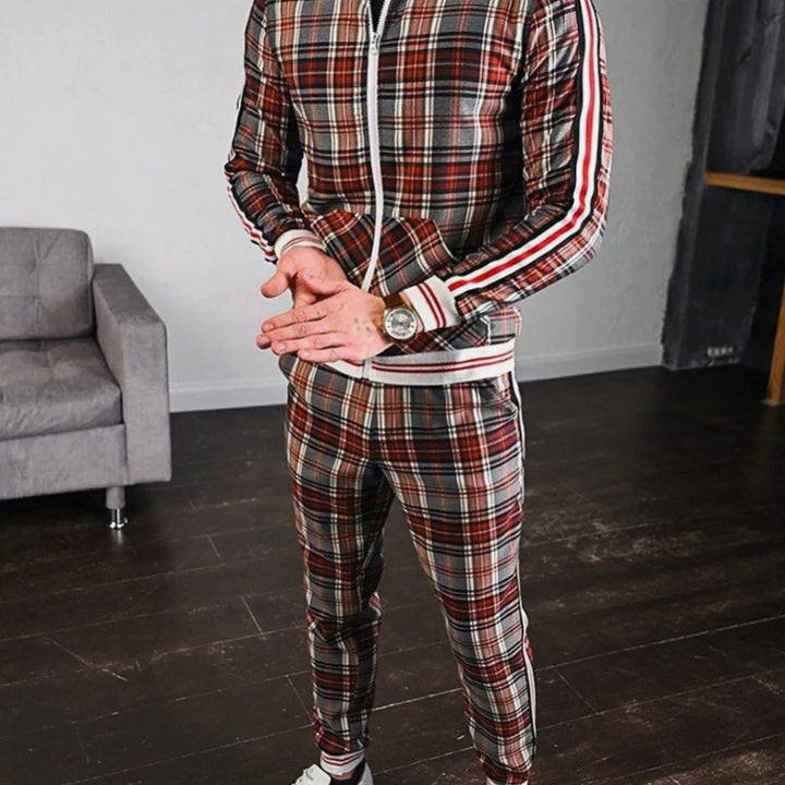 Men's Plaid Two-Piece Zip-Up Jogging Tracksuit Stripe-Accent Set - Khaki