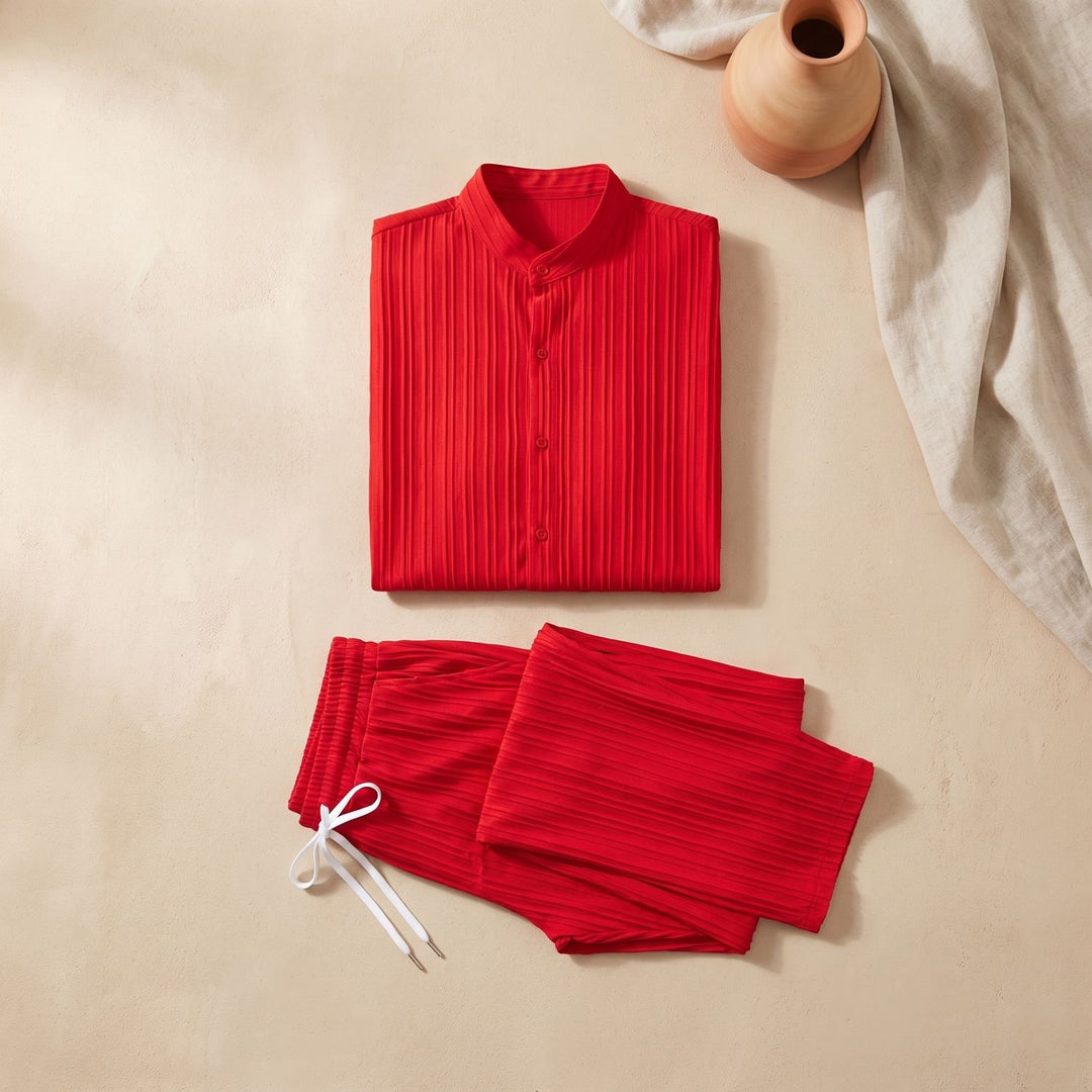 Men's Pleated Short-Sleeve Button-Up Shirt Drawstring Pants Two-Piece Set - Red
