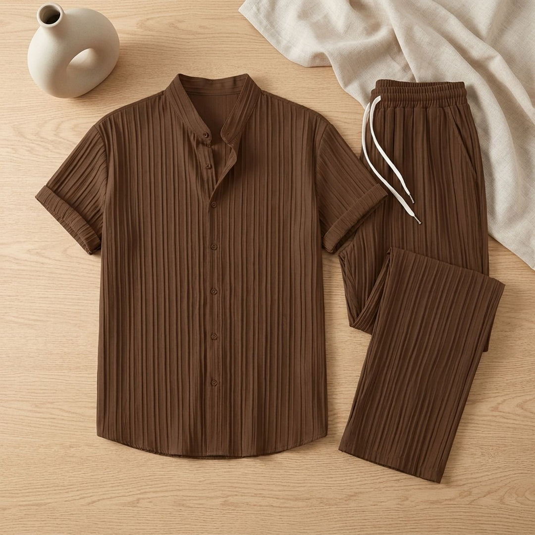 Men's Pleated Short-Sleeve Button-Up Shirt Drawstring Pants Two-Piece Set - Brown