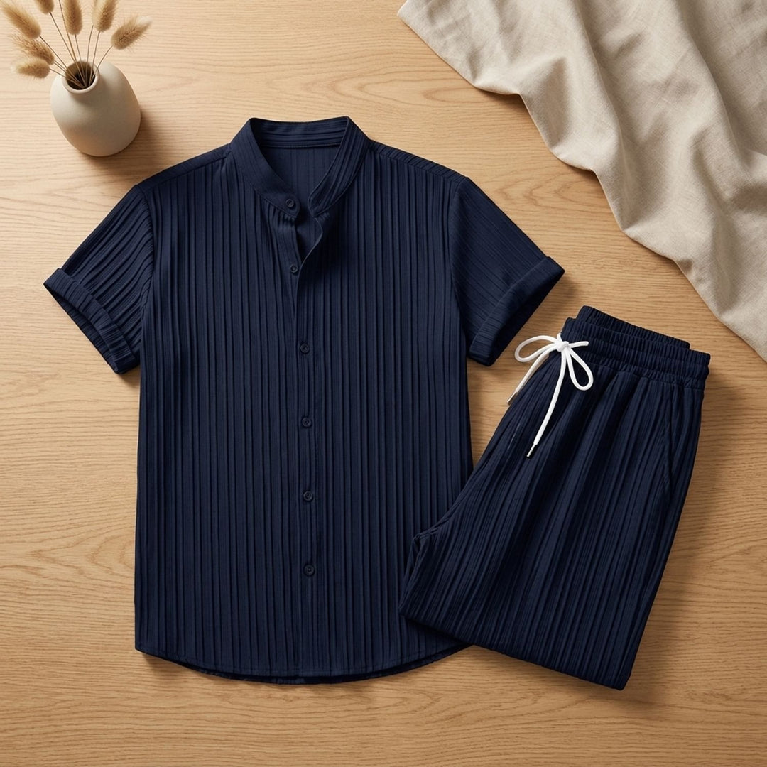 Men's Pleated Short-Sleeve Button-Up Shirt Drawstring Pants Two-Piece Set - Navy Blue