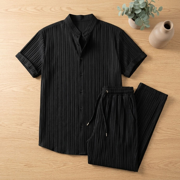Men's Pleated Short-Sleeve Button-Up Shirt Drawstring Pants Two-Piece Set - Black
