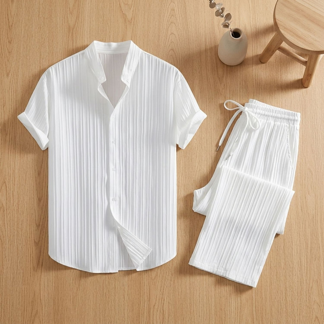 Men's Pleated Short-Sleeve Button-Up Shirt Drawstring Pants Two-Piece Set - White