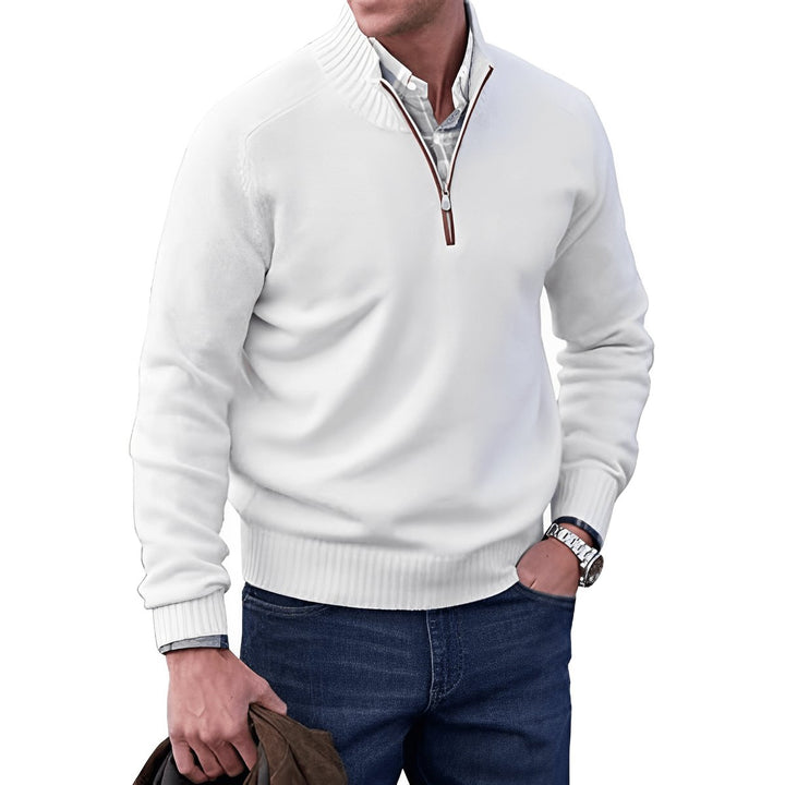 Men's Quarter-Zip Long-Sleeve Pullover Knit Sweater - White