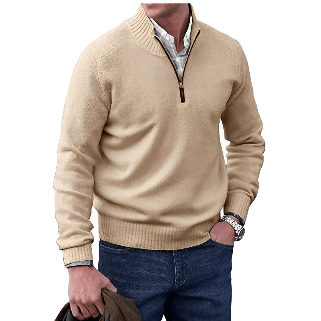 Men's Quarter-Zip Long-Sleeve Pullover Knit Sweater - Brown