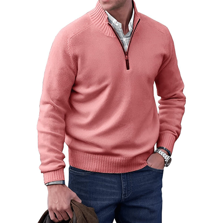 Men's Quarter-Zip Long-Sleeve Pullover Knit Sweater - Pink
