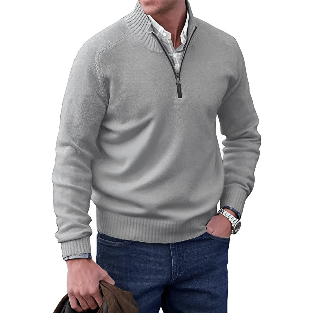 Men's Quarter-Zip Long-Sleeve Pullover Knit Sweater - Light Grey