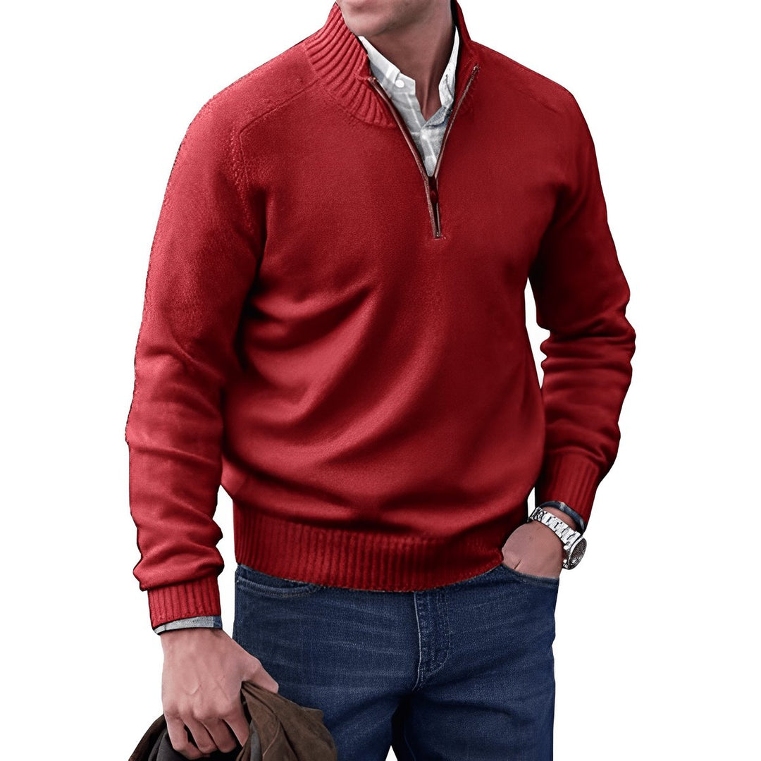 Men's Quarter-Zip Long-Sleeve Pullover Knit Sweater - Red