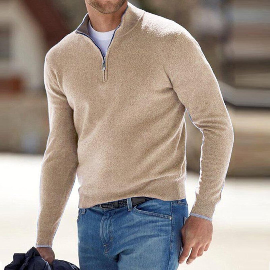 Men's Quarter-Zip Mens Knit Sweater Ribbed Pullover - Beige
