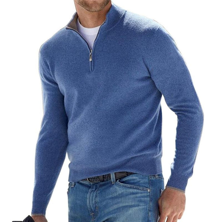 Men's Quarter-Zip Mens Knit Sweater Ribbed Pullover - Blue