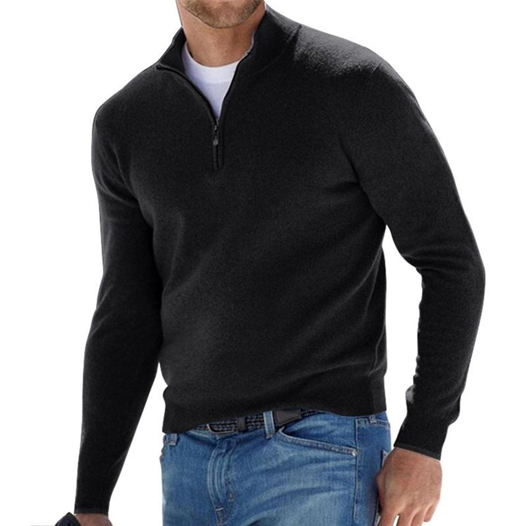 Men's Quarter-Zip Mens Knit Sweater Ribbed Pullover - Black