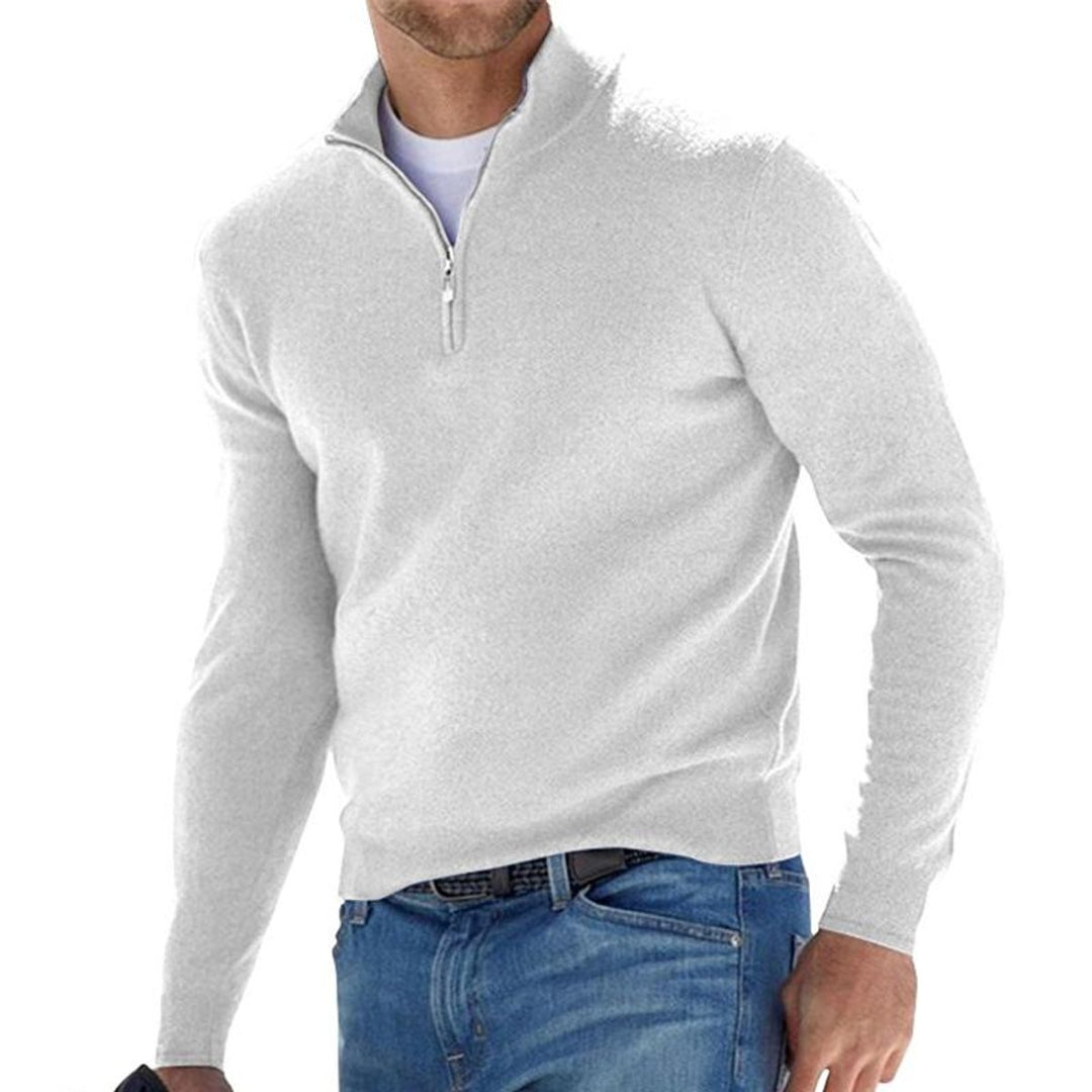 Men's Quarter-Zip Mens Knit Sweater Ribbed Pullover - White