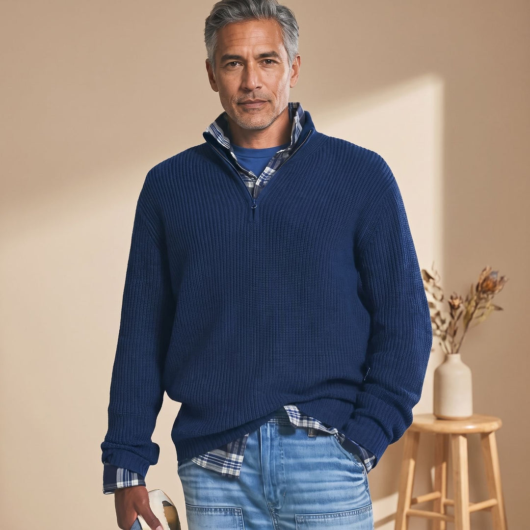 Men's Quarter-Zip Ribbed Knit Pullover Sweater - Navy Blue