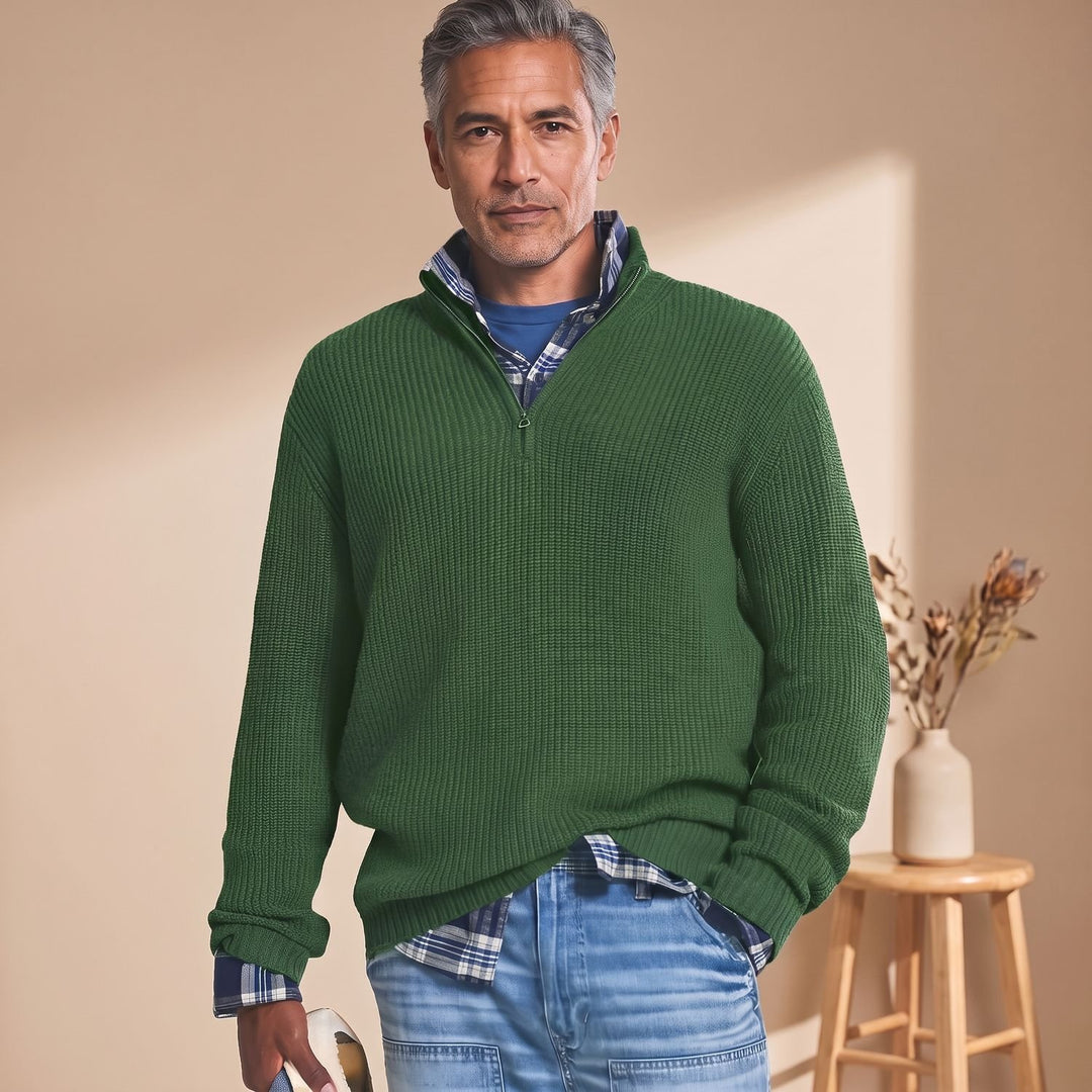 Men's Quarter-Zip Ribbed Knit Pullover Sweater - Green