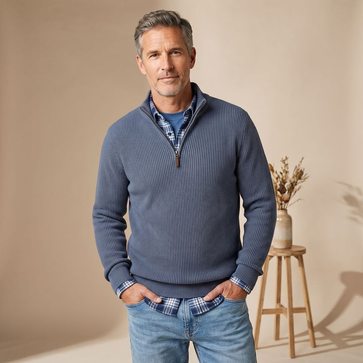 Men's Quarter-Zip Ribbed Knit Pullover Sweater - Teal