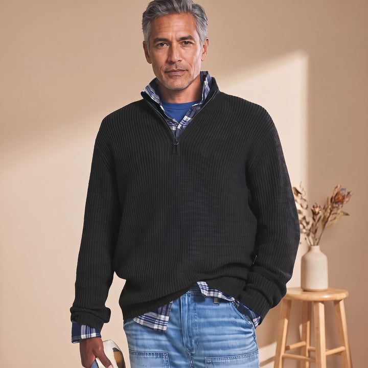 Men's Quarter-Zip Ribbed Knit Pullover Sweater - Black
