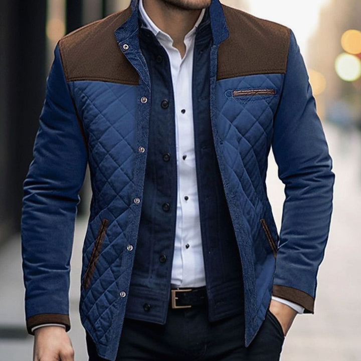 Men's Quilted Color-Block Stand-Collar Snap-Button Jacket - Brown