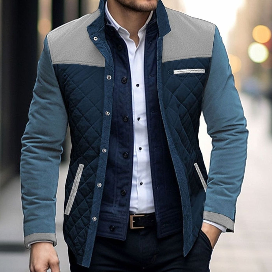 Men's Quilted Color-Block Stand-Collar Snap-Button Jacket - Khaki