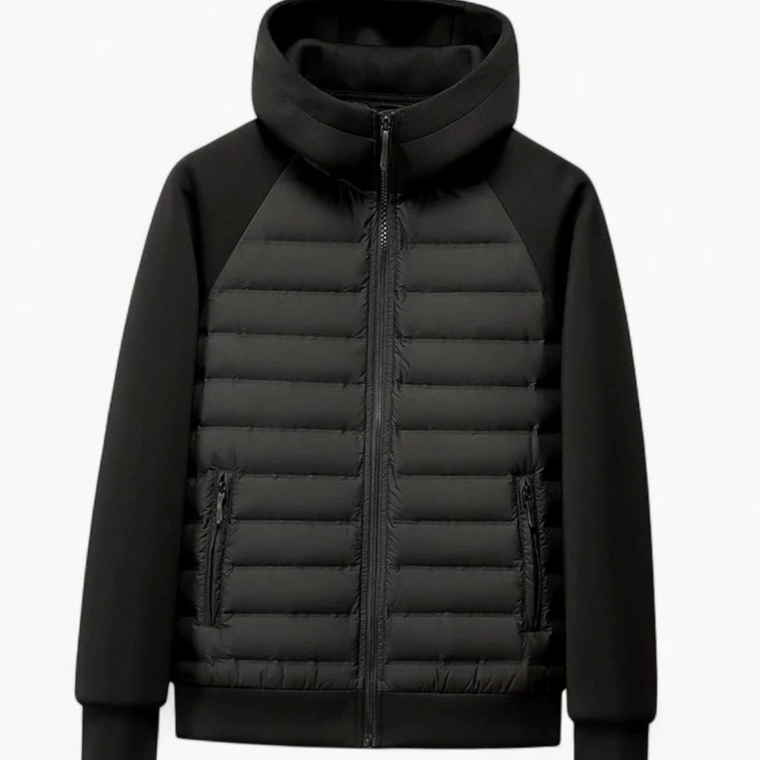 Men's Quilted Hooded Hybrid Puffer Jacket Full-Zip - Black