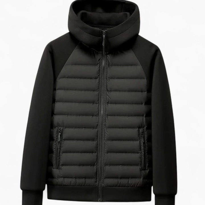 Men's Quilted Hooded Hybrid Puffer Jacket Full-Zip - Black