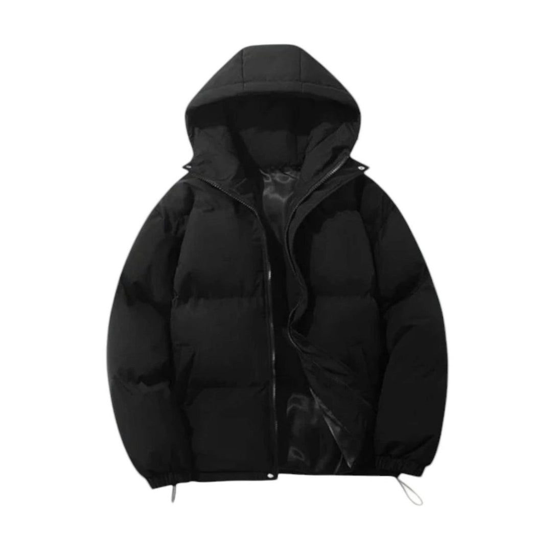 Men's Quilted Hooded Jacket Zip-Up Winter Puffer - Black