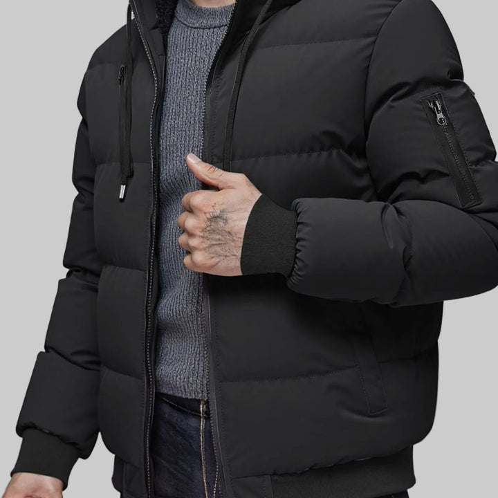 Men's Quilted Hooded Winter Jacket Ribbed-Cuff Full-Zip Puffer - Black