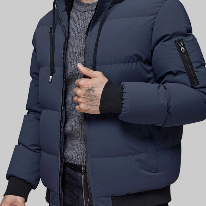 Men's Quilted Hooded Winter Jacket Ribbed-Cuff Full-Zip Puffer - Navy