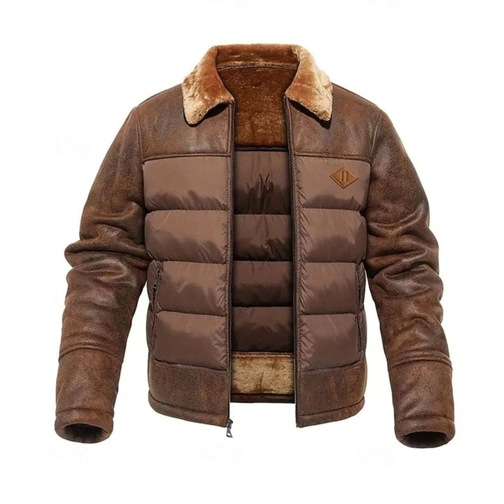 Men's Quilted Jacket Sherpa-Collar Insulated Winter Puffer Coat - Dark Brown