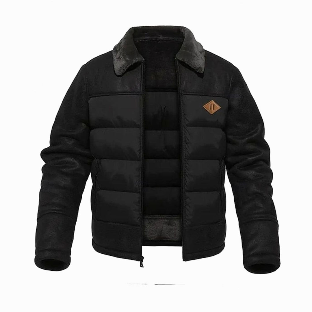 Men's Quilted Jacket Sherpa-Collar Insulated Winter Puffer Coat - Black