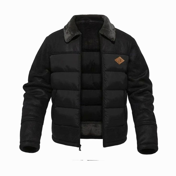 Men's Quilted Jacket Sherpa-Collar Insulated Winter Puffer Coat - Black