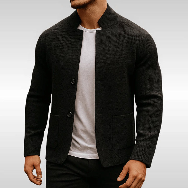 Men's Quilted Jacket Stand Collar Button-Up Knit Blazer - Black