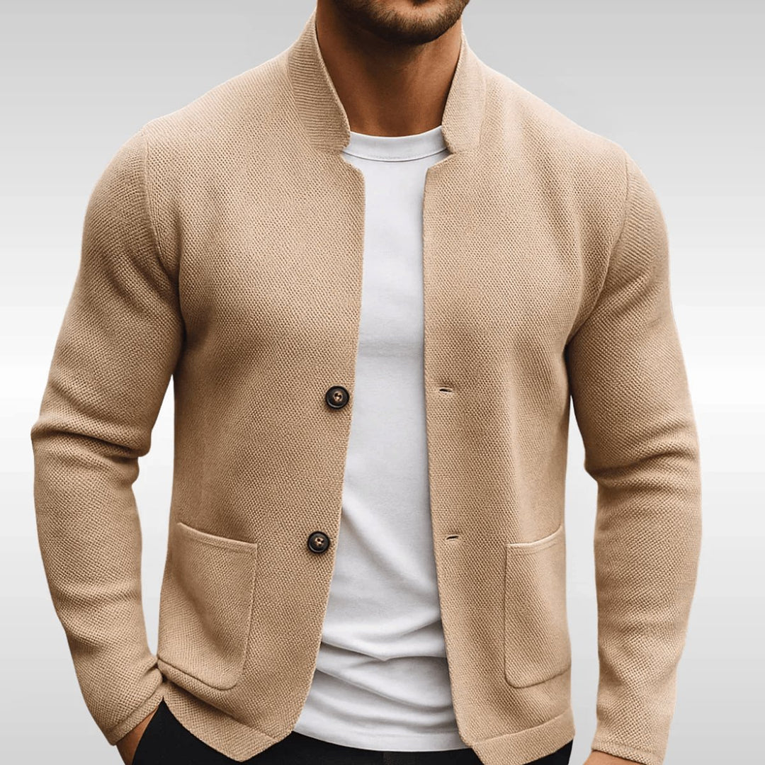 Men's Quilted Jacket Stand Collar Button-Up Knit Blazer - Beige