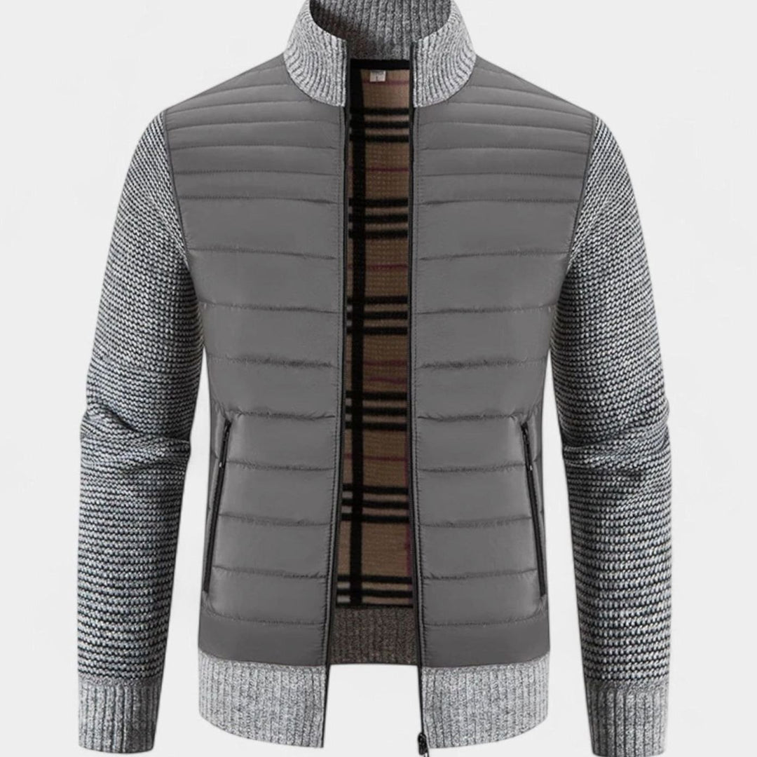 Men's Quilted Puffer Knit-Sleeve Zip-Up Jacket - Light Gray