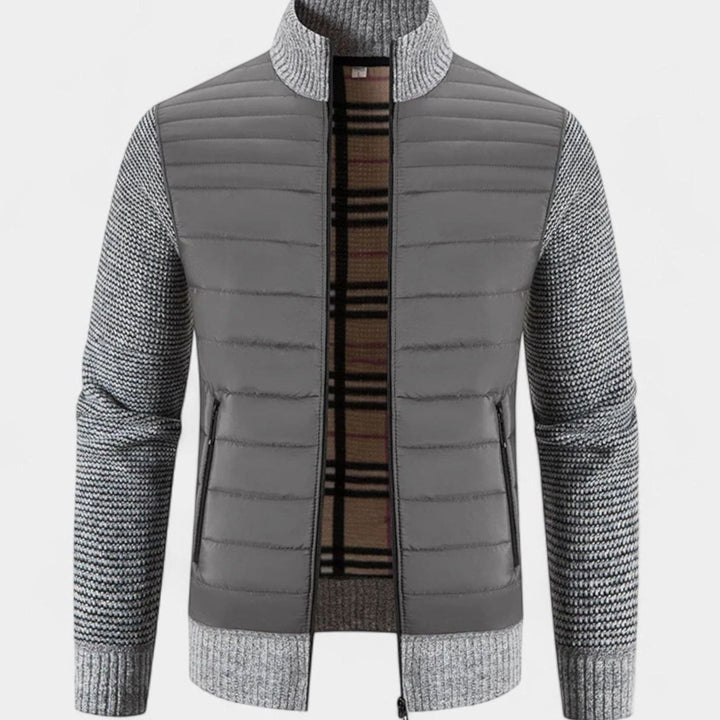 Men's Quilted Puffer Knit-Sleeve Zip-Up Jacket - Light Gray