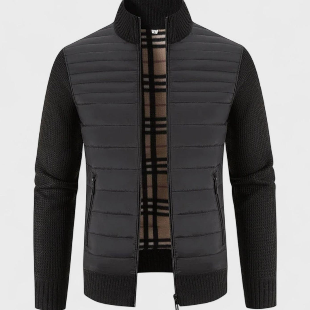 Men's Quilted Puffer Knit-Sleeve Zip-Up Jacket - Black