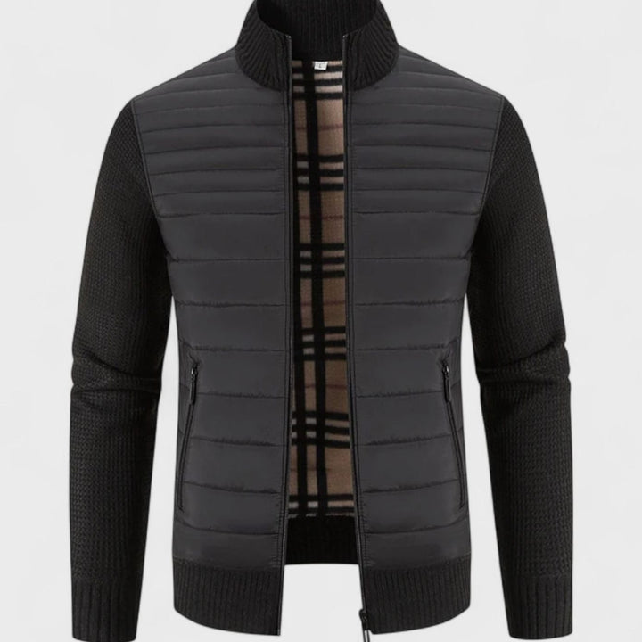 Men's Quilted Puffer Knit-Sleeve Zip-Up Jacket - Black