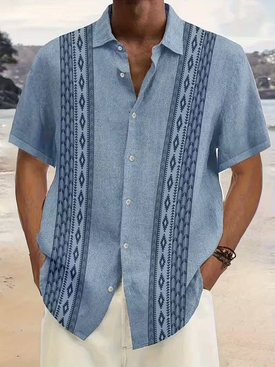 Men's Relaxed-Fit Aztec Geometric Print Short-Sleeve Button-Down Shirt - Blue