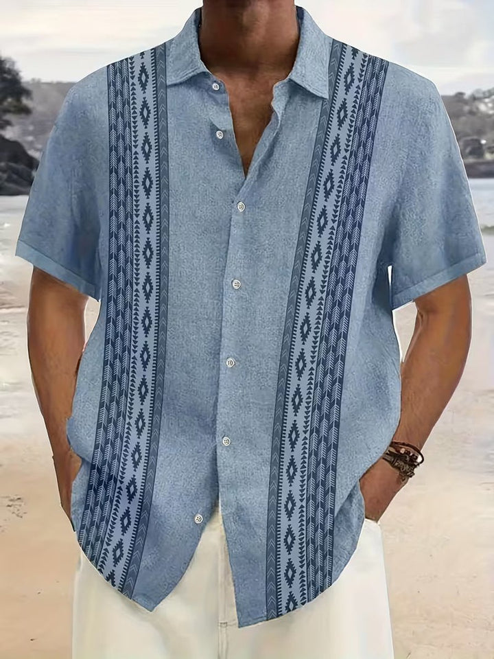 Men's Relaxed-Fit Aztec Geometric Print Short-Sleeve Button-Down Shirt - Blue
