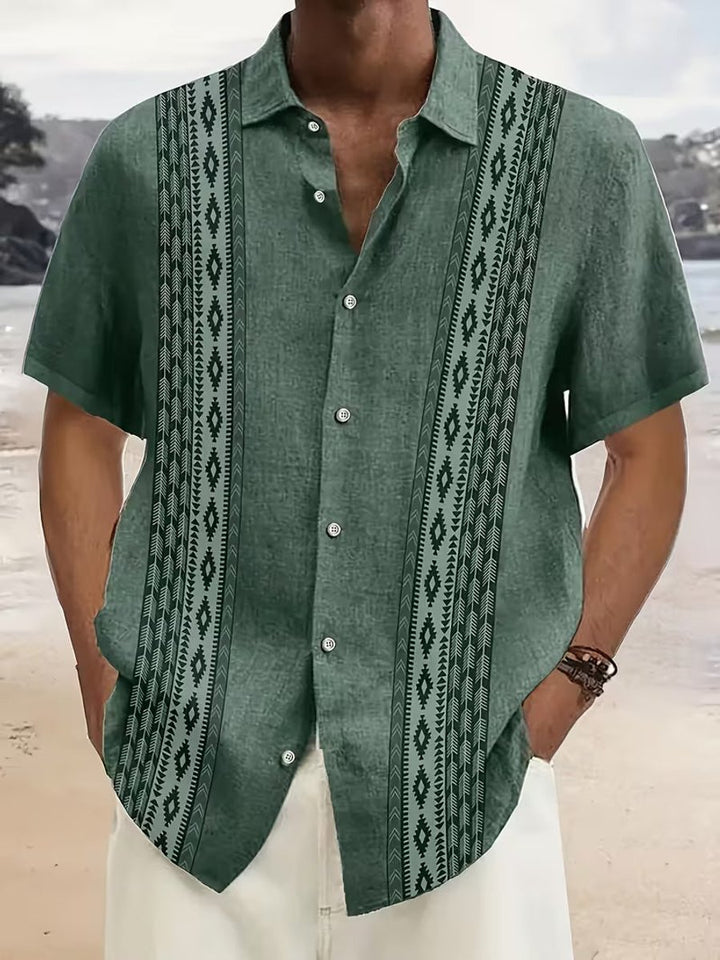 Men's Relaxed-Fit Aztec Geometric Print Short-Sleeve Button-Down Shirt - Green