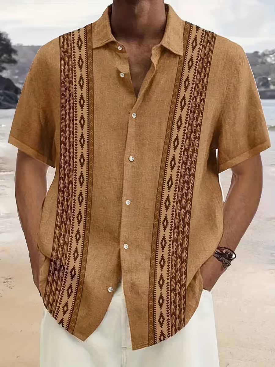 Men's Relaxed-Fit Aztec Geometric Print Short-Sleeve Button-Down Shirt - Brown