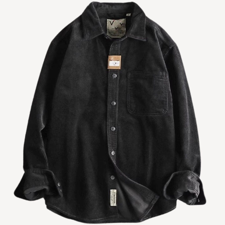 Men's Relaxed-Fit Corduroy Long Sleeve Shirt Chest Pocket - Black