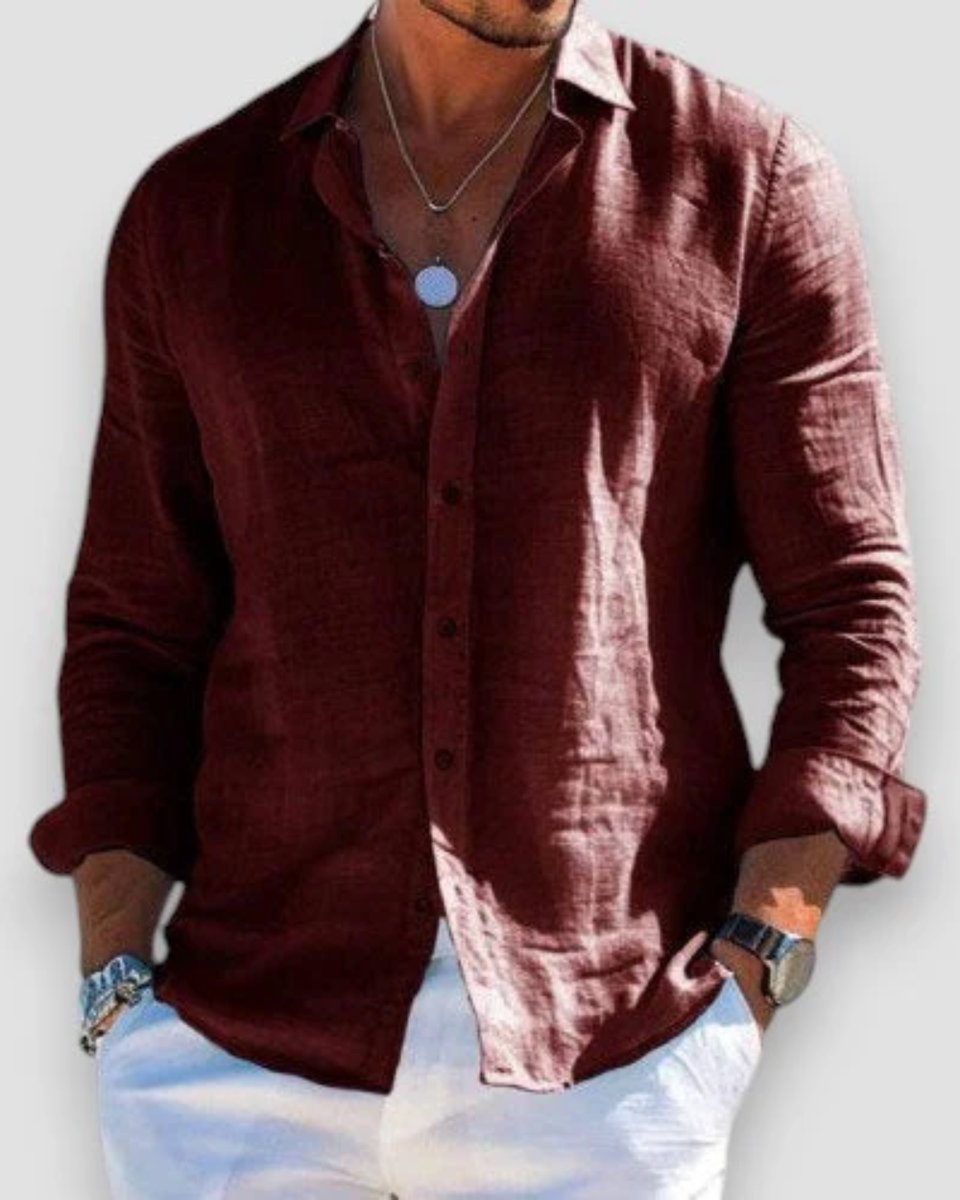 Men's Relaxed-Fit Lightweight Linen Button-Up Long Sleeve Shirt - Brown