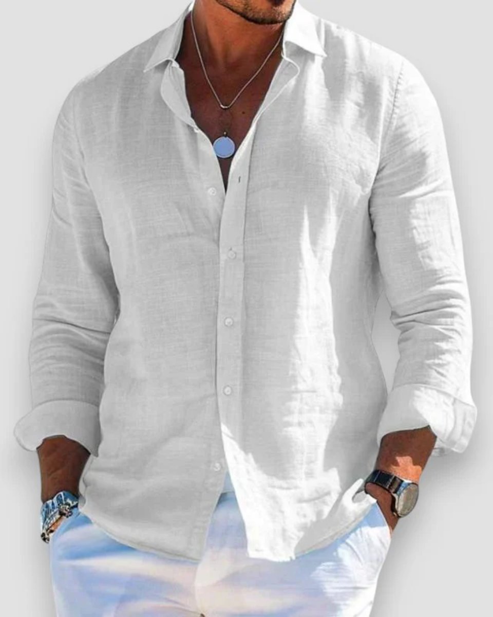 Men's Relaxed-Fit Lightweight Linen Button-Up Long Sleeve Shirt - White
