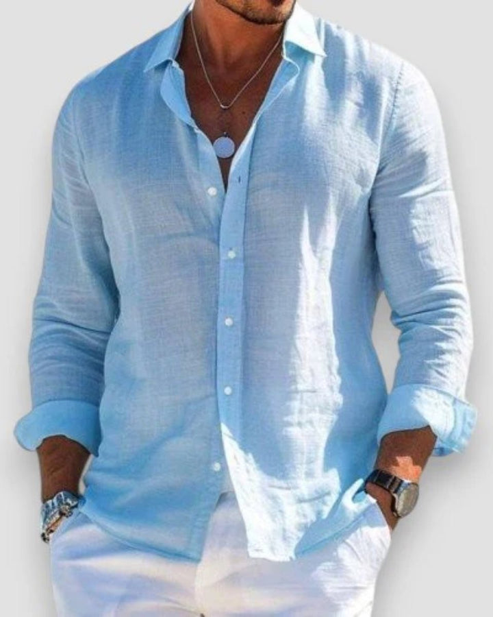 Men's Relaxed-Fit Lightweight Linen Button-Up Long Sleeve Shirt - Blue