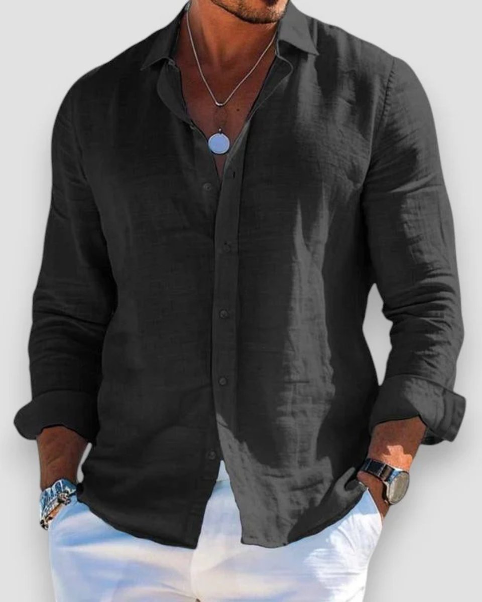 Men's Relaxed-Fit Lightweight Linen Button-Up Long Sleeve Shirt - Black