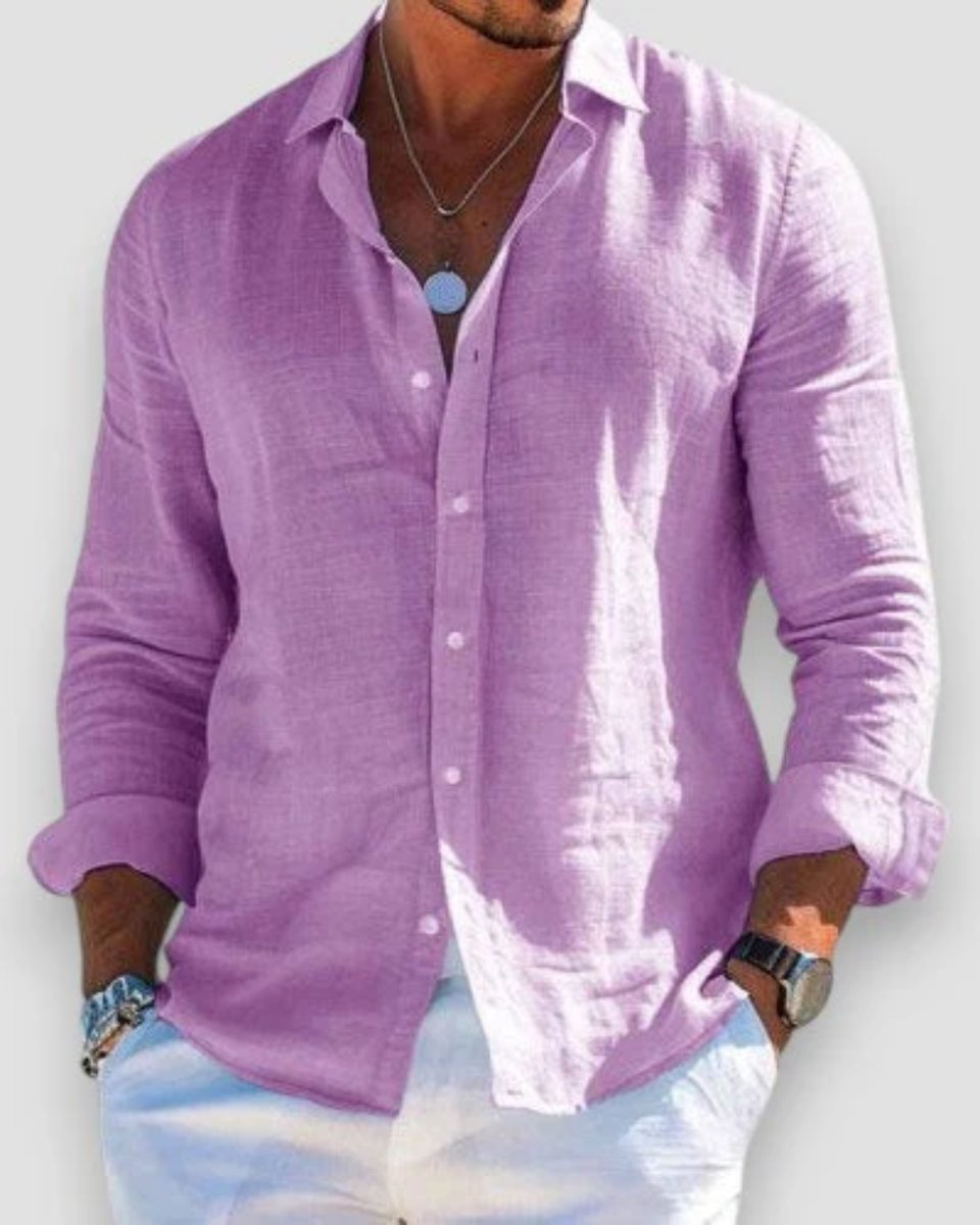 Men's Relaxed-Fit Lightweight Linen Button-Up Long Sleeve Shirt - Purple