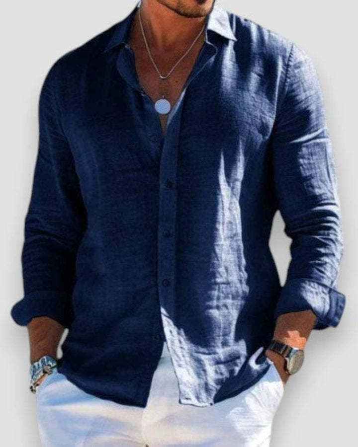 Men's Relaxed-Fit Lightweight Linen Button-Up Long Sleeve Shirt - Navy Blue