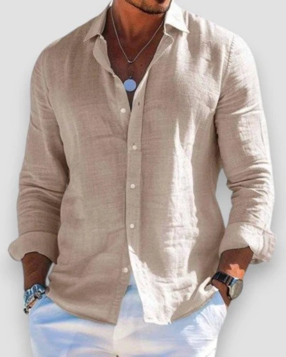 Men's Relaxed-Fit Lightweight Linen Button-Up Long Sleeve Shirt - Khaki