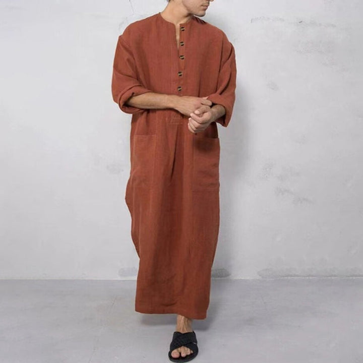 Men's Relaxed Linen Long Kaftan Tunic Button-Front Maxi Robe